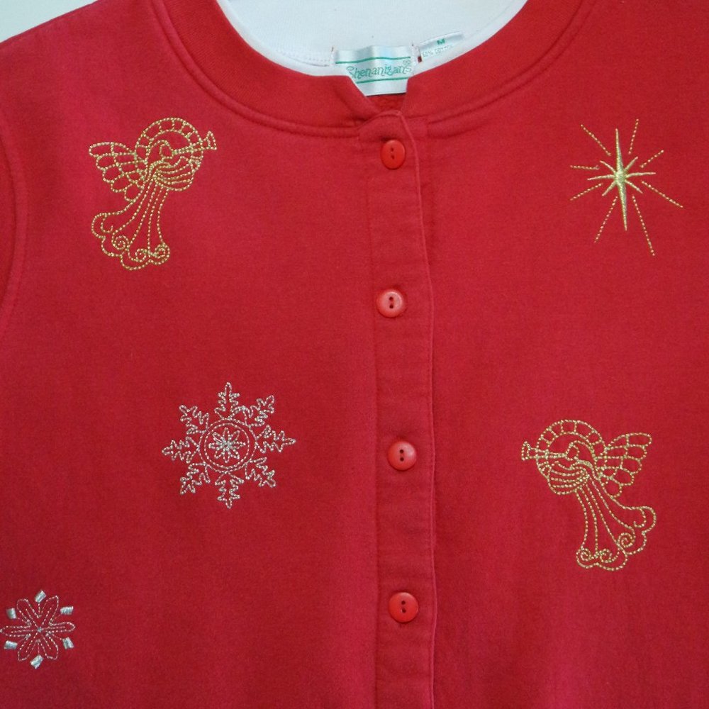 Vintage Embroidered Angels & Snowflakes Crewneck Button Down Sweatshirt